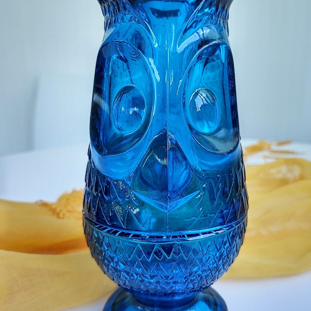 RARE VTG Viking Blue Owl Fairy Lamp MCM retro candle votive light
